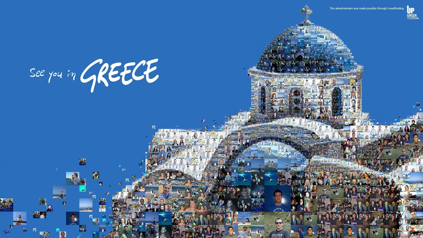 Santorini church dome mosaic composed from campaign photographs